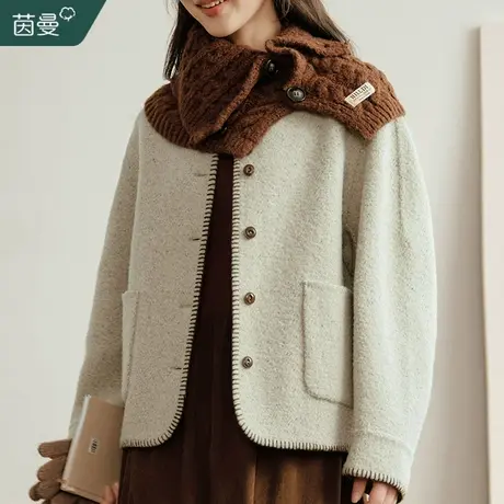 茵曼法式复古绵羊毛毛呢大衣女2023年冬季新款小个子短款上衣外套图片