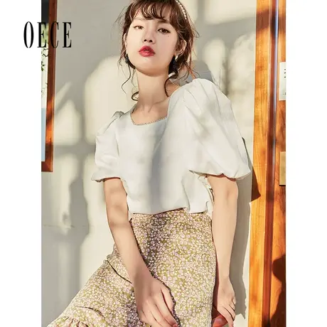 Oece气质方领上衣2022夏装新款女装白色设计感衬衫春夏季法式衬衫图片