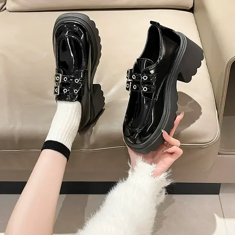 厚底黑色增高小皮鞋女2024新款秋冬季英伦风乐福鞋玛丽珍单鞋女鞋商品大图