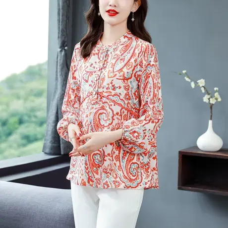 碎花雪纺衫女长袖新款小衫2023秋季减龄漂亮洋气大码遮肚胖mm妈妈商品大图