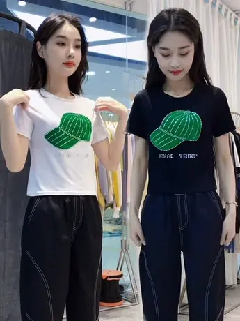 短袖重工帽子烫钻T恤女2023夏季新款短袖ins短款甜辣设计感上衣女图片