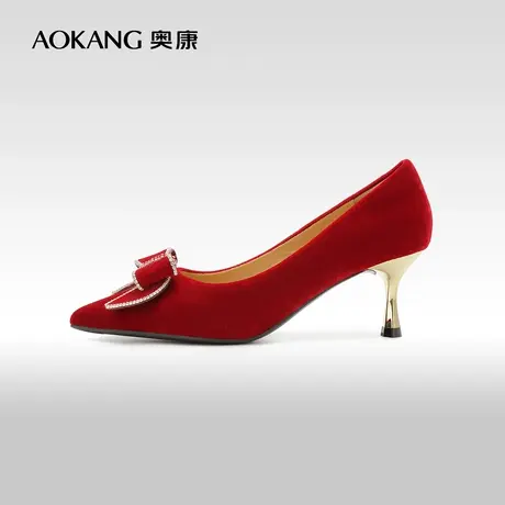 【门店发货】奥康女鞋 2023秋季新款蝴蝶结新娘婚鞋亮片订婚鞋图片