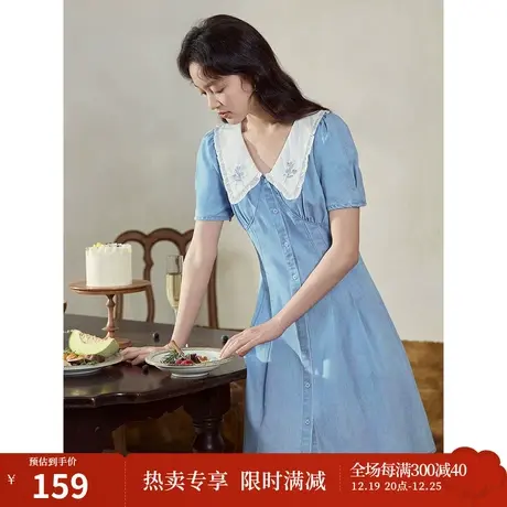 茵曼时尚通勤A字连衣裙2023夏季女装新款牛仔蓝收腰显瘦翻领裙子商品大图