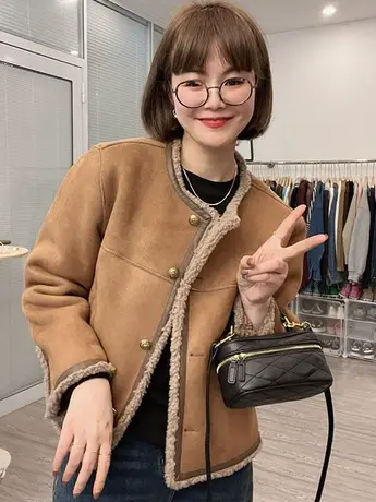 韩版复古拼色圆领羊羔毛外套女秋冬2023新款颗粒绒宽松上衣ins潮商品大图