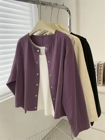 日系风圆领长袖工装外套女2023秋新款水洗做旧全棉小个子开衫上衣图片