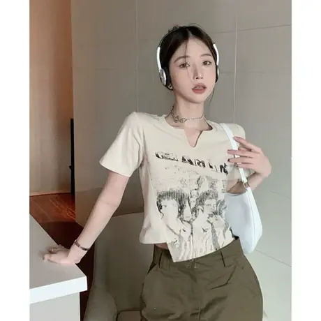 洋气正肩短款小衫上衣女夏圆领不规则设计感小众欧货修身短袖T恤商品大图