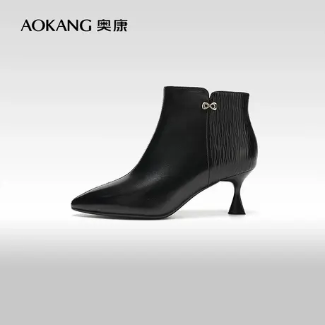 奥康女鞋 冬季新款法式尖头时装靴真皮百搭短靴时尚百搭时装短靴M图片