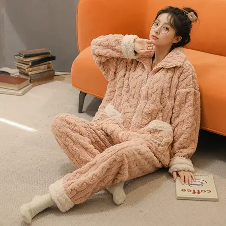2023新款秋冬珊瑚绒睡衣女加绒加厚拉链冬款法兰绒冬季家居服套装图片