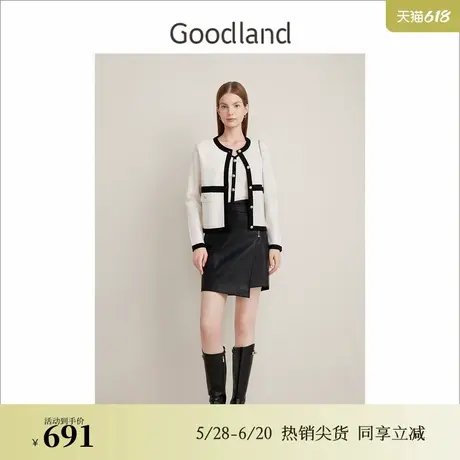 Goodland美地女装春季法式优雅黑白撞色羊毛针织开衫图片