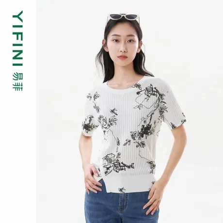 [专柜同款]Yifini/易菲宽松竖坑条短款毛衫女夏装新款针织衫商品大图
