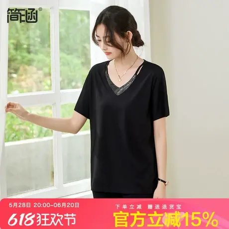 夏季凉感薄款短袖t恤女简涵2025年新款遮肚子显瘦减龄宽松V领上衣商品大图