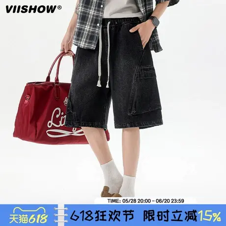 VIISHOW夏季潮牌做旧水洗工装牛仔短裤男复古宽松百搭阔腿五分裤商品大图