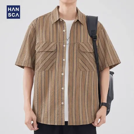hansca复古泡泡纱透气短袖衬衫男夏季薄款日系条纹青少年翻领衬衣商品大图