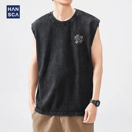 hansca 水洗做旧纯棉背心男2025夏季外穿运动健身美式无袖T恤坎肩商品大图