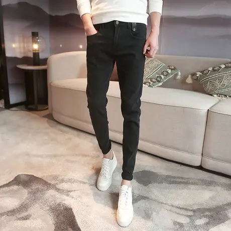 2023秋冬新款黑色百搭小脚牛仔裤男潮流显瘦铅笔裤特色拼皮长裤子图片
