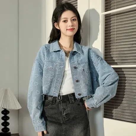 唐狮牛仔外套女新款春秋今年流行休闲宽松翻领好看长袖上衣商品大图
