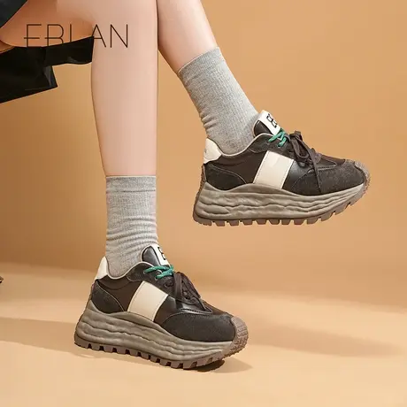 EBLAN/伊伴复古双鞋带百搭鞋女2024秋季新款运动休闲鞋拼色老爹鞋图片