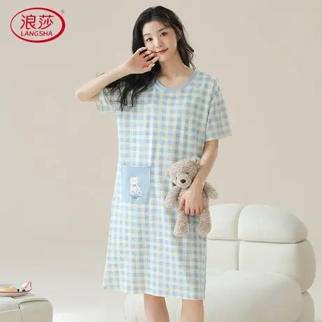 浪莎夏季短袖睡裙纯棉自带胸垫一体家居服中长大码可外穿带兜裙子商品大图