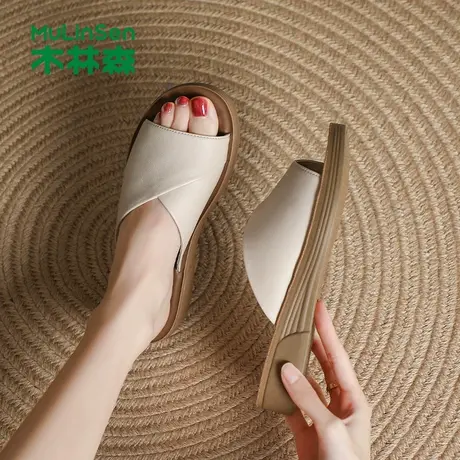 木林森凉拖女2025夏季新款女鞋平底一字休闲居家外穿法式沙滩拖鞋图片