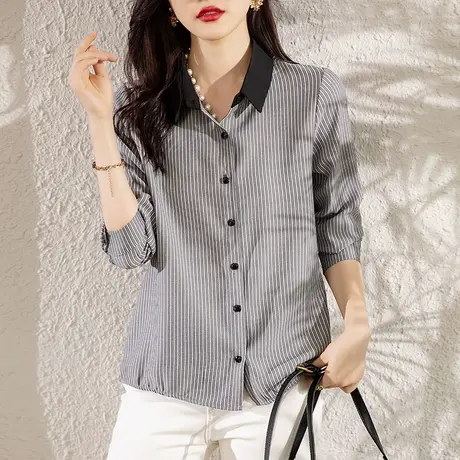 条纹长袖衬衫女春秋新款宽松加大码女装中年妈妈休闲遮肚显瘦衬衣图片