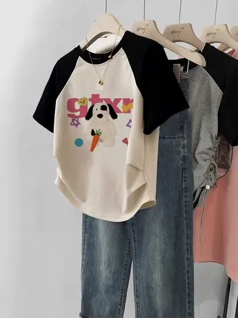 短袖女2023新款撞色闺蜜纯棉修身正肩上衣ins潮韩系大码短款T恤夏商品大图