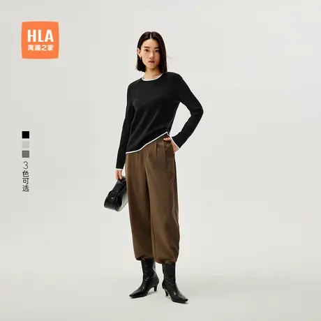 HLA/海澜之家通勤直筒撞色圆领针织衫秋新款黑色镶拼保暖毛衣女装商品大图