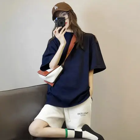 藏蓝色纯色短袖t恤衫2025新款美式女士宽松显瘦纯棉上衣打底内搭图片