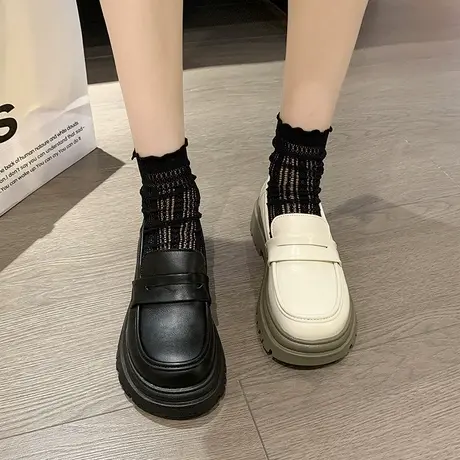 乐福鞋女2023春秋新款厚底增高英伦风黑色小皮鞋一脚蹬小个子单鞋商品大图