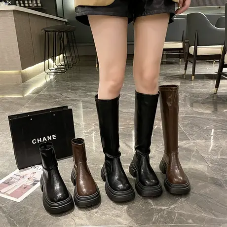 靴子女2023新款复古秋季骑士靴粗跟高跟小个子气质厚底增高瘦瘦靴图片