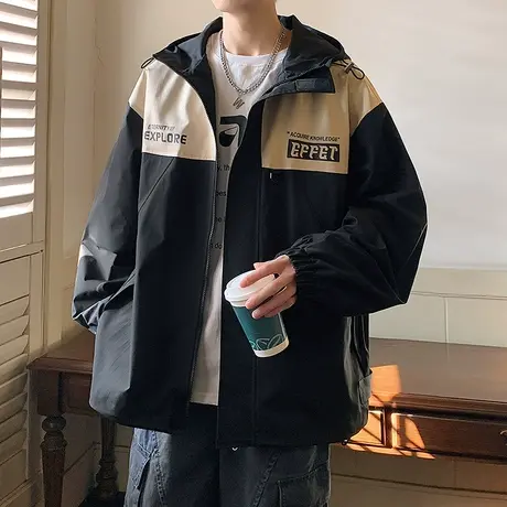 连帽外套男春秋季新款美式宽松拼色冲锋衣青少年潮牌工装防风夹克商品大图