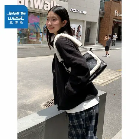 NOE真维斯黑色摇粒绒外套女2025新款秋冬季爆款青少年开衫上衣图片