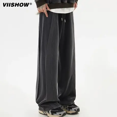 VIISHOW裤子男秋季潮牌重磅水洗拼接青少年百搭宽松休闲运动卫裤商品大图