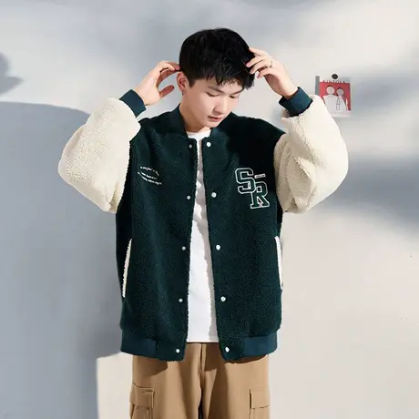 唐狮冬季新款仿羊羔毛棒球领外套男拼接左胸绣花加厚保暖夹克TD商品大图