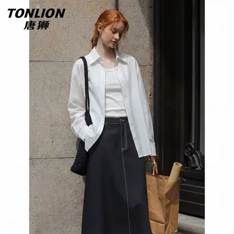 唐狮官方翻领衬衫女2026新款春季宽松慵懒冰丝长袖衬衣白色上衣VC图片