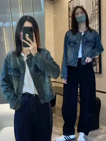 复古水洗设计毛边圆领牛仔短外套女2023早秋新款韩版宽松夹克上衣商品大图