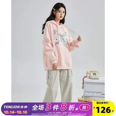 唐狮2023新款女卫衣YEP联名植绒发泡工艺美式蝴蝶印花连帽上衣G图片