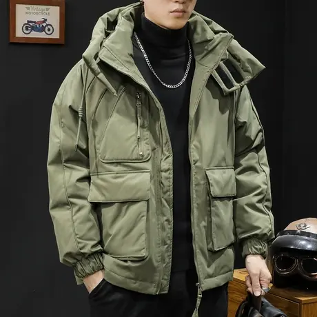 灰鸭绒工装羽绒服男冬季连帽2023新款潮牌大码男士多口袋外套保暖商品大图