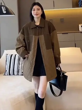 2023秋冬季休闲拼接薄款棉衣棉服女设计款翻领菱格宽松中长上衣潮商品大图