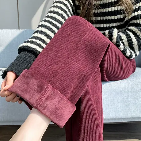 窄版加绒雪尼尔阔腿裤女秋冬2023新款高腰垂感休闲直筒灯芯绒裤子商品大图