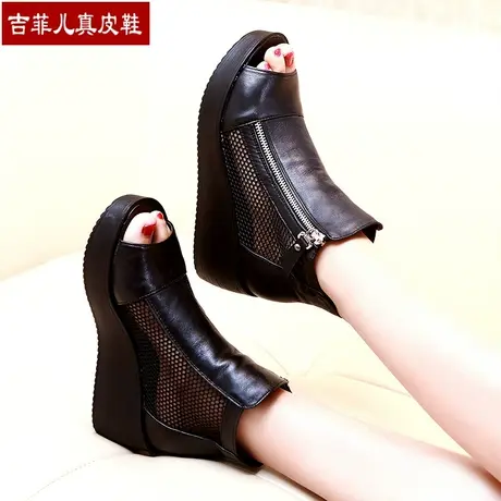 秋季鱼嘴网鞋女坡跟短靴2023秋天新款欧美镂空网纱凉鞋高跟靴子夏商品大图