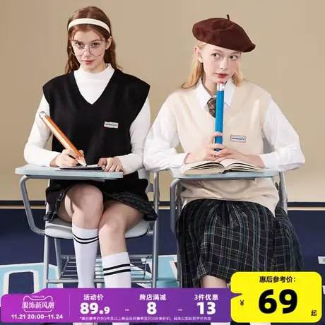 唐狮春秋季毛衣背心女日系学院风V领针织马甲宽松慵懒风叠穿背心图片
