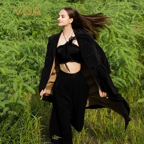 VOA深夜黑30姆米重磅砂洗桑蚕丝平驳领长袖绑带通勤宽松真丝风衣商品大图