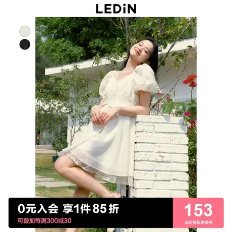乐町甜美收腰连衣裙2023年夏季新款方领泡泡袖法式茶歇在逃公主裙商品大图