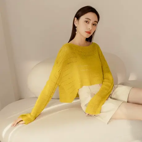 桔熊秋冬季休闲船领长袖针织衫镂空花纹外穿短款上衣女大码FA2886商品大图