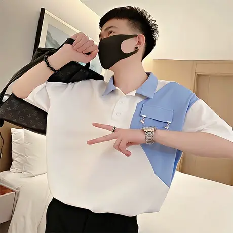 短袖t恤polo衫夏季潮流韩版撞色拼接设计个潮男休闲半袖上衣体恤商品大图