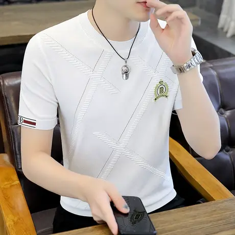 夏季刺绣针织t恤男潮牌薄款白色短袖上衣高端大码冰丝圆领打底衫图片