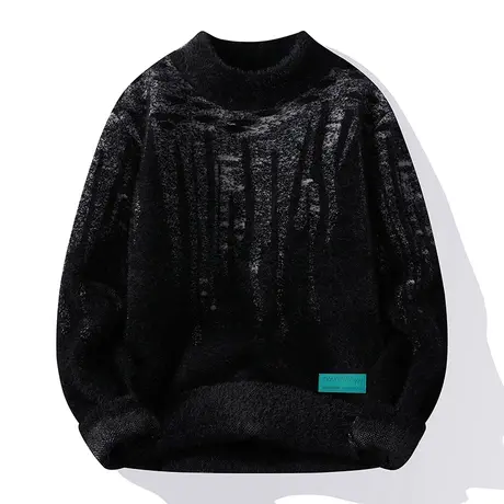 秋冬男士套头加厚打底针织衫青年学生半高领保暖纯色提花休闲毛衣商品大图