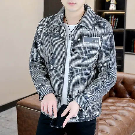 2023新款休闲秋装外套男士潮流翻领痞帅设计高级感撞色格子夹克衫图片