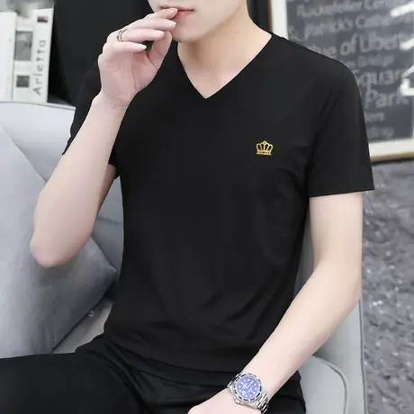 莫代尔夏季t恤男士短袖2024新款V领黑色上衣服冰丝冰感半袖打底衫商品大图