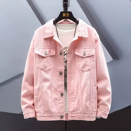 粉色外套男春季青少年潮流韩版牛仔夹克早春男士个性修身春装褂子商品大图